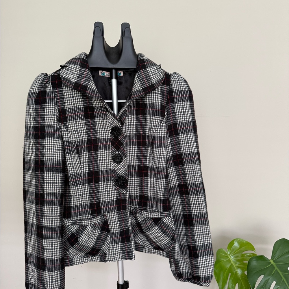 Black and White Plaid Blazer with Peplum Waist